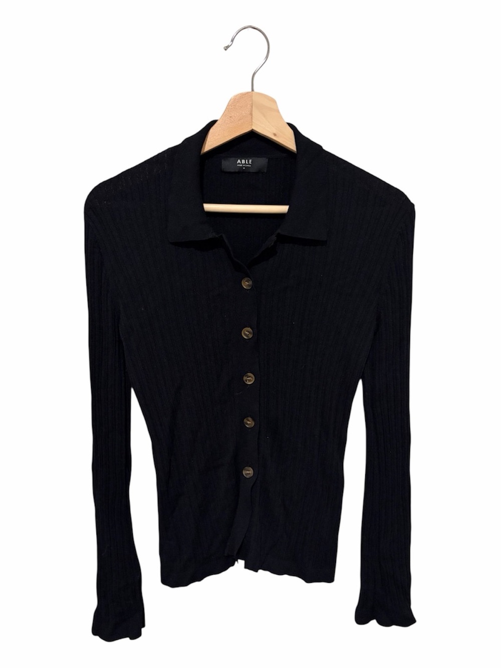 Able Ribbed Button Up Cardigan Sweater Black Size Medium Lightweight Academia